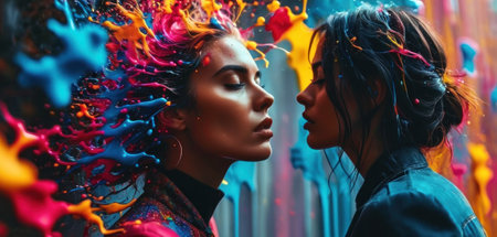 Two beautiful young women with bright makeup and creative make-up.の素材