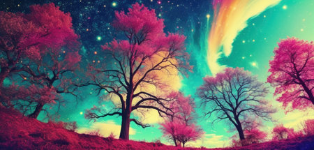 Beautiful fantasy landscape with trees and colorful sky. Elements of this image furnished by NASAの素材