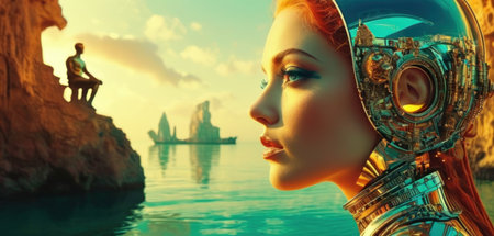 Beautiful woman in space suit on the background of the ancient city.の素材