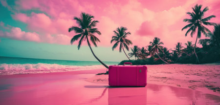 Pink Suitcase on Tropical Beach with Palm Tree - Vintage Retro Filterの素材