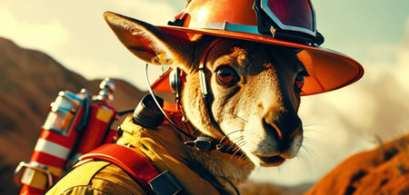 Kangaroo in the helmet of a firefighter close-up.の素材