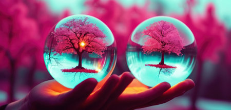Crystal ball with abstract trees inside in front of a blurred background.の素材