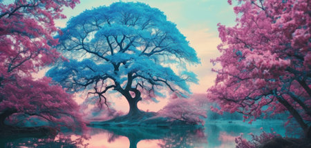 Cherry blossoms in the park at sunset. Panoramic image.の素材