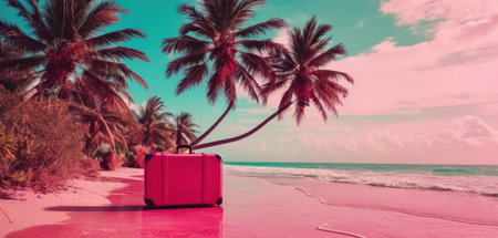 Pink suitcase on a tropical beach with palm trees and turquoise oceanの素材