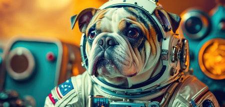 Portrait of a dog in a spacesuit against a background of space.の素材