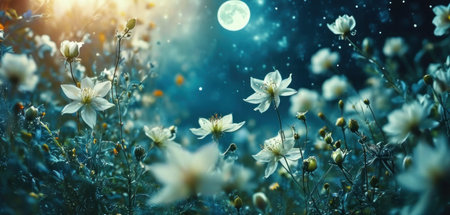 Beautiful white flowers on a background of the night sky with moonの素材