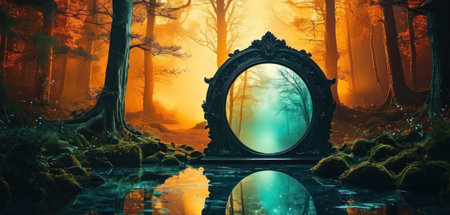 Fantasy landscape with mirror in the forest. 3D illustration.の素材