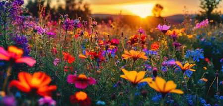 Colorful meadow with wildflowers at sunset, close-upの素材