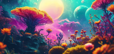 3D render of an alien planet with flowers and planets in the backgroundの素材