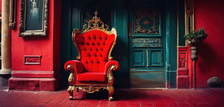 Luxury royal red armchair with golden crown in palace interiorの素材