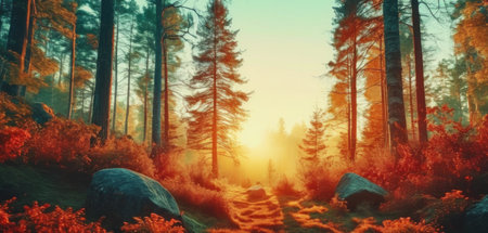 Panoramic view of the autumn forest in the rays of the rising sunの素材