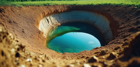 The hole in the ground with a blue lake and green grass.の素材