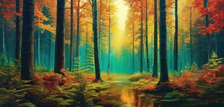 Colorful autumn forest with fog and water, digital art painting.の素材