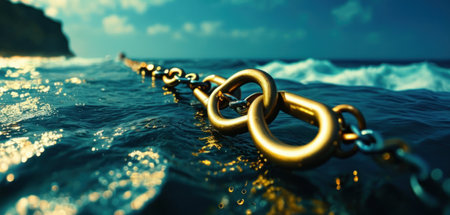 Golden chain on the sea background. 3d illustration. Copy space.の素材