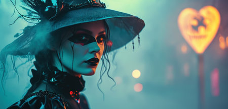 Portrait of a beautiful gothic woman in a hat. Halloween.の素材