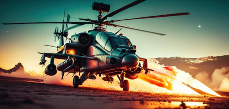 Military helicopter flying over the mountains at sunset. 3D Renderingの素材