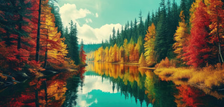 Autumn landscape with colorful forest and lake. Colorful trees reflected in water.の素材