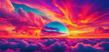 Aerial view sunset above clouds with sun. 3d render illustrationの素材