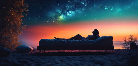 Young woman lying in bed and watching the stars in the sky.の素材