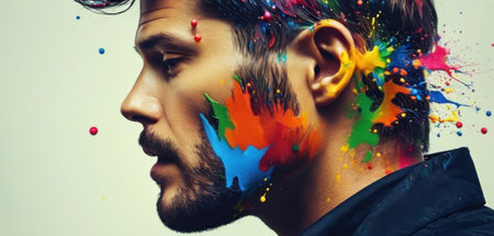 Portrait of young man with colorful paint splashes on his faceの素材