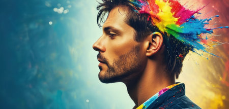 Portrait of a handsome young man with colorful splash on his face.の素材
