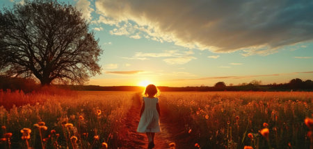 Little girl walking on a field at sunset. The concept of freedomの素材
