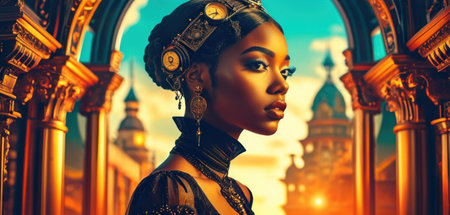 Beautiful african american woman in black dress and headdressの素材