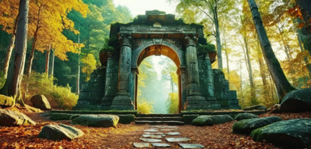 Autumn forest landscape with ancient arch in the middle of the forestの素材