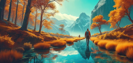 3d illustration of a man with a backpack standing on a mountain river.の素材