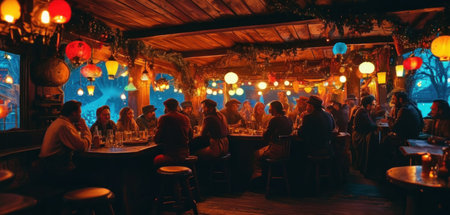 Tourists enjoy a night out in a restaurant in Bangkok.の素材
