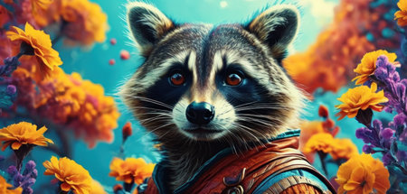 Portrait of raccoon in the field of flowers. 3d renderingの素材