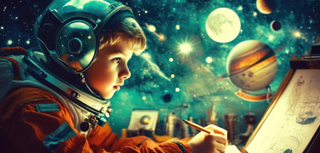 Cute little boy dreaming about becoming astronaut. Portrait of child in space.の素材