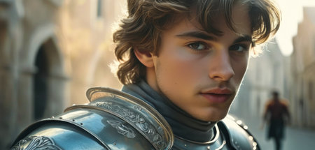 Portrait of a medieval knight in armor on the background of the city.の素材