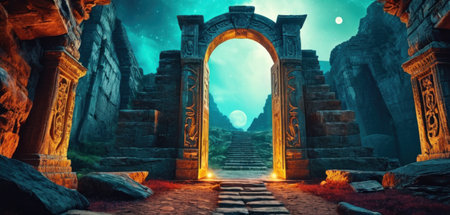 Mystical ruins at night. Fantasy landscape. 3D renderingの素材