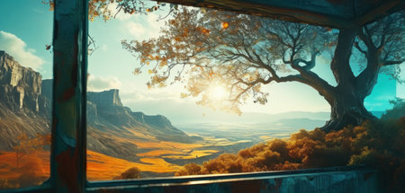 Fantasy landscape with a lonely tree in the window. 3d renderの素材