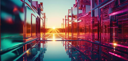 abstract scene of futuristic city at sunset, 3d render illustrationの素材