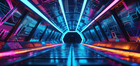Futuristic tunnel corridor with glowing lights 3d illustration background wallpaperの素材