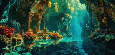 Fantasy underwater world with a fantasy landscape. 3D illustration.の素材