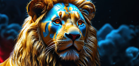 3d rendering of a lion with blue paint on his face.の素材