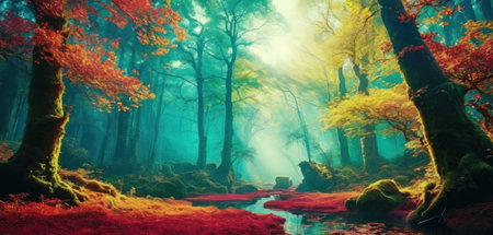 Autumn forest with fog and sunbeams. 3D renderingの素材