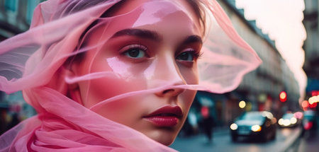 Fashion portrait of a beautiful young woman with pink veil in the cityの素材
