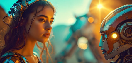 Portrait of a beautiful girl cosmonaut on the background of the setting sun.の素材