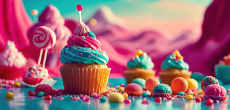 Cupcakes with colorful icing and sprinkles on a blue backgroundの素材