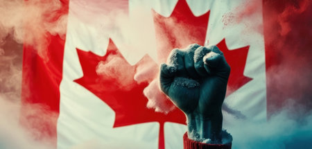 Close-up of a hand with a clenched fist against flag of Canadaの素材