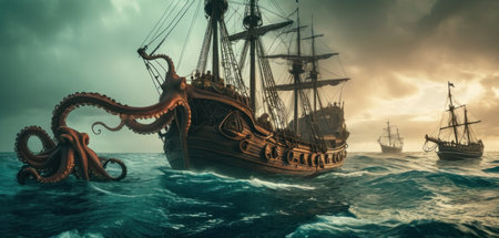 Pirate ship with octopus and tentacles in the sea. 3d renderの素材