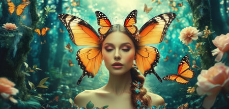 Beautiful woman with butterfly in the forest. Beauty, fashion.の素材