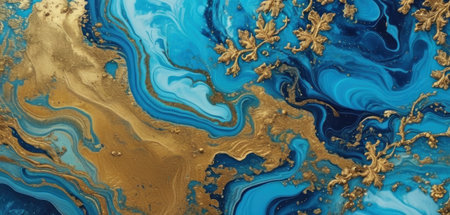 Marble abstract acrylic background. Blue marbling artwork texture. Agate ripple pattern. Gold powder.の素材