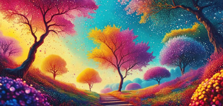 Fantasy landscape with colorful trees and road. 3D illustration.の素材