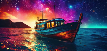 Fantasy ship in the sea with starry sky. 3d renderingの素材