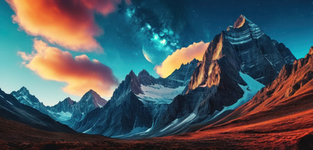 Fantasy alien planet. Mountain and sky. 3D illustration.の素材